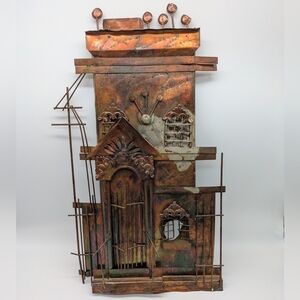 Vintage MCM Brutalist Metal Distressed House Wall Hanging